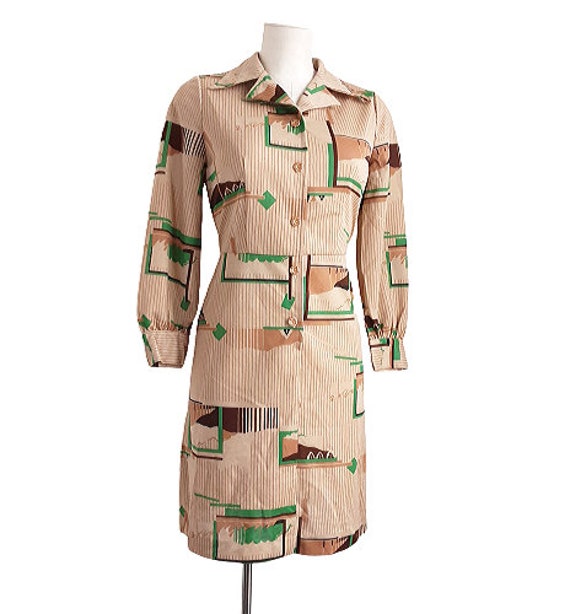 Japanese Brown Geometric Patterned Shirt Dress Vi… - image 7