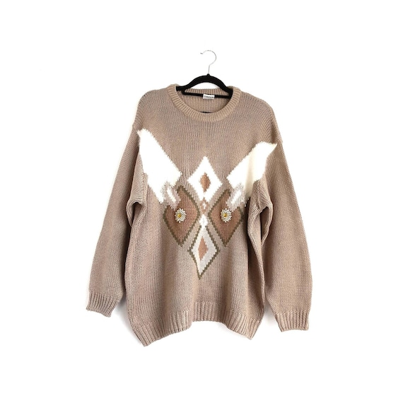 Taupe Brown Embellished Jumper Vintage Sweater An… - image 1