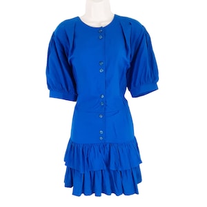 Vintage 80s Clockhouse Cobalt Blue Rara Mini Dress Women&#39;s Button Front Tiered Puff Sleeve Dress, 80s, UK 10, Size Small