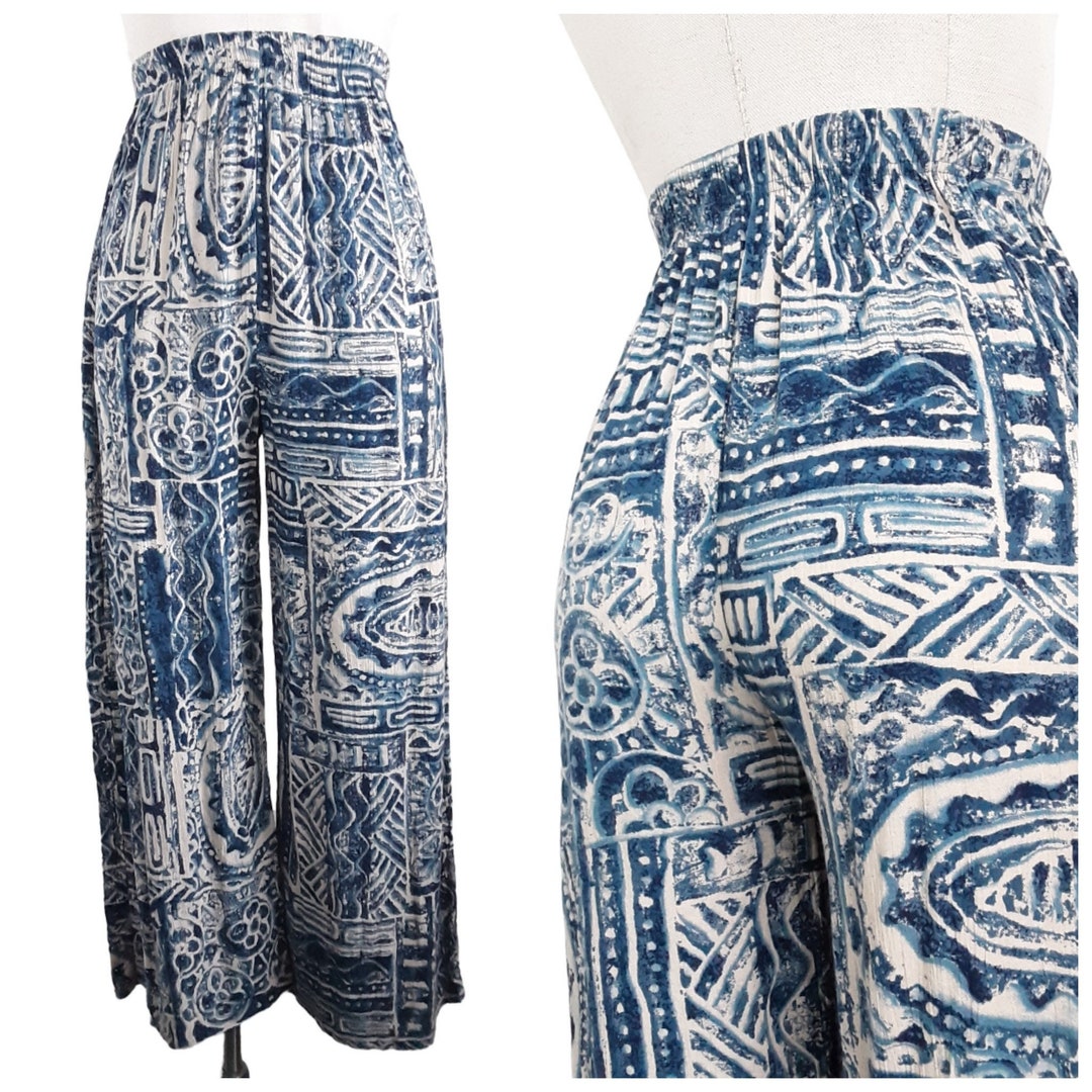 Aztec Tribal Print Blue and Beige Boho Beach Trousers French Vintage ...