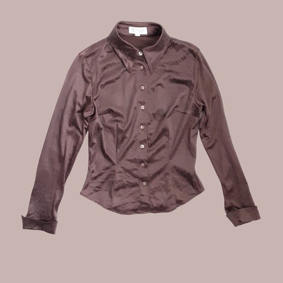 90 s Michel Klein Chocolate Marron Satinado Blusa ajustada Disenador frances Vintage Mujer Estampado Boton hasta Camisa de cuello de manga larga Reino Unido 10 Etsy Mexico
