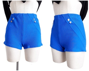 Western German Cobalt Blue Corduroy Hot Pants Vintage Women's High Rise Micro Shorts, Double Button, Summer, Mod, GoGo, 70s, UK 8, Size XS