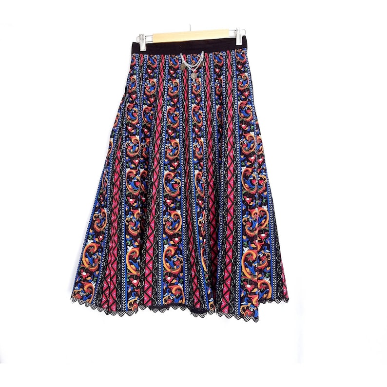 EU 38 UK 10 Vintage 1970s German Bavarian Black Tribal Patterned Silver Coins Charm Lace Trim Cotton Hippie Boho Gypsy Tracht A-line Skirt