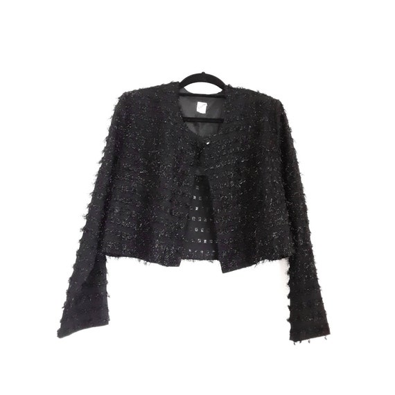 Black Metallic Threaded Bolero Sparkly Fuzzy Shrug Cr… - Gem
