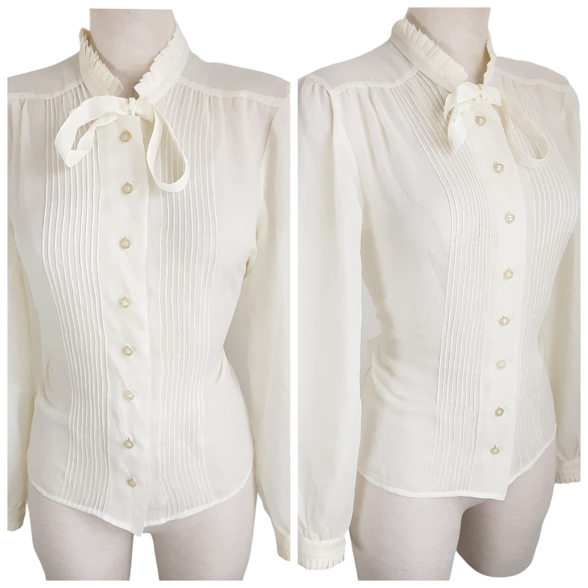 Gothic Cream Sheer Pleated Pussybow Blouse Vintage Women's