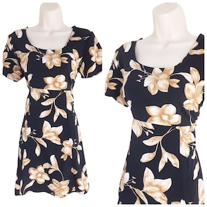 Vintage Bentley Black and Brown Tropical Floral Hibiscus Print Mini Dress Women&#39;s Tie Belted Short Sleeve Sundress, UK 12, Size Medium