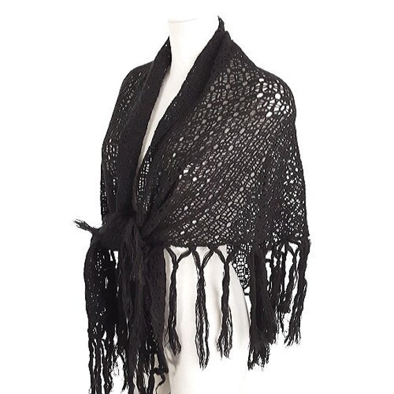 Black Metallic Silver Crochet Wrap Shawl Vintage … - image 2