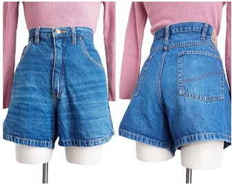 Blue Denim Jean Shorts Vintage Women's High Rise Bottoms, Pockets, Belt Loops, Cotton, Summer, 90s, UK 16, Size XL, Plus Size