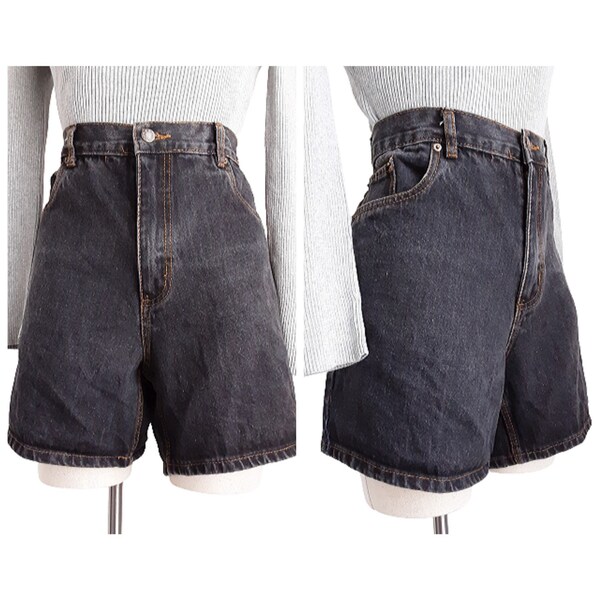 Black Denim Jean Shorts Vintage Women's High Rise Bottoms, Pockets, Belt Loops, Cotton, Summer, 90s, UK 18, Size XXL, Plus Size