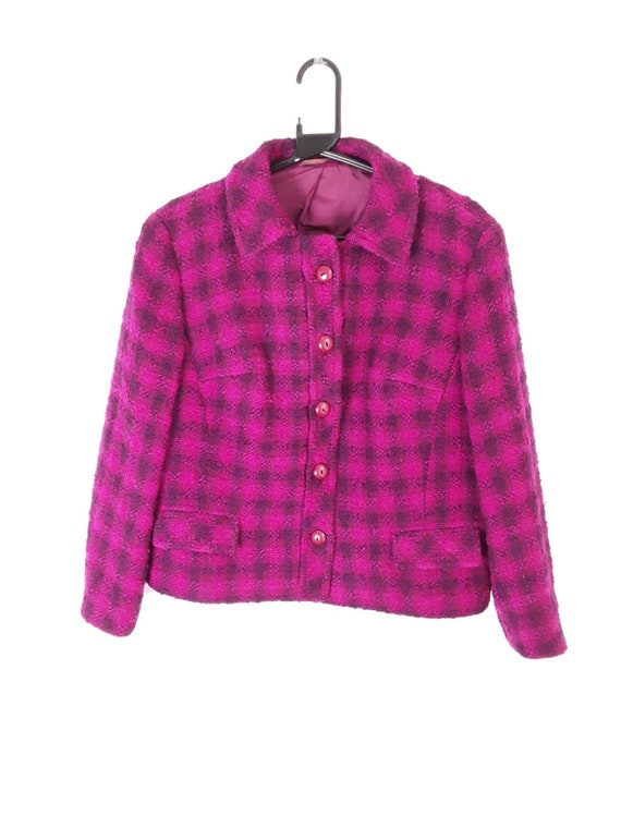 Vintage Breuninger Mohair Woll Blazer: Magenta Schwarz Kariert, Größe L