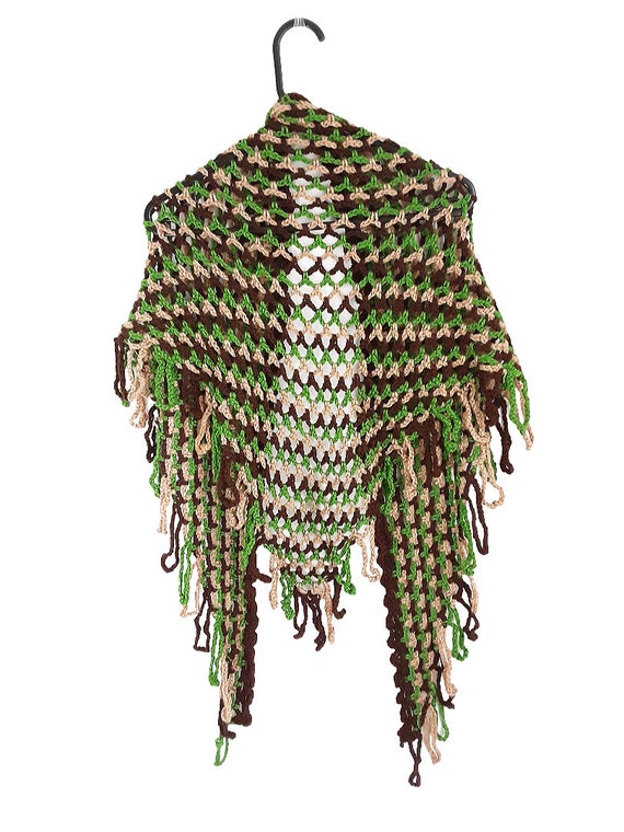 Green Brown Beige Crochet Lace Knitted Shawl Hand… - image 3