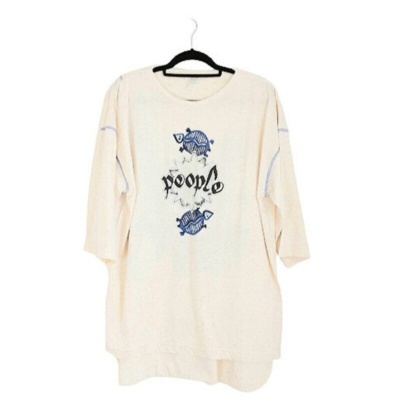 Cream Cotton Blue Turtle Print T-Shirt Vintage Wo… - image 3