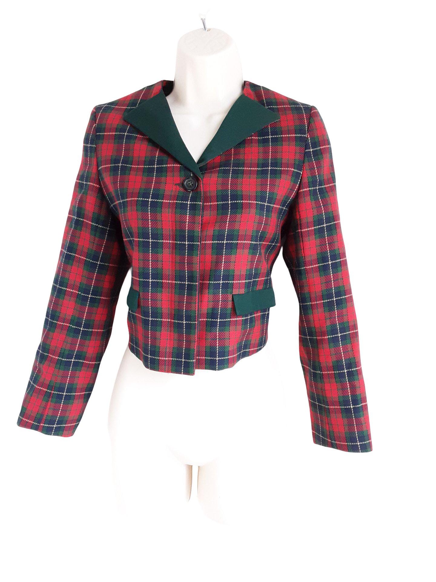 Vintage Red Green and White Tartan Crop Jacket Women's Plaid