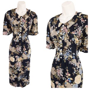 Vintage 90s Positive Attitude Black Floral Print Peter Pan Collar Tea Dress Women&#39;s Rayon Button Down Tie Belted Summer Dress, UK 16, XL