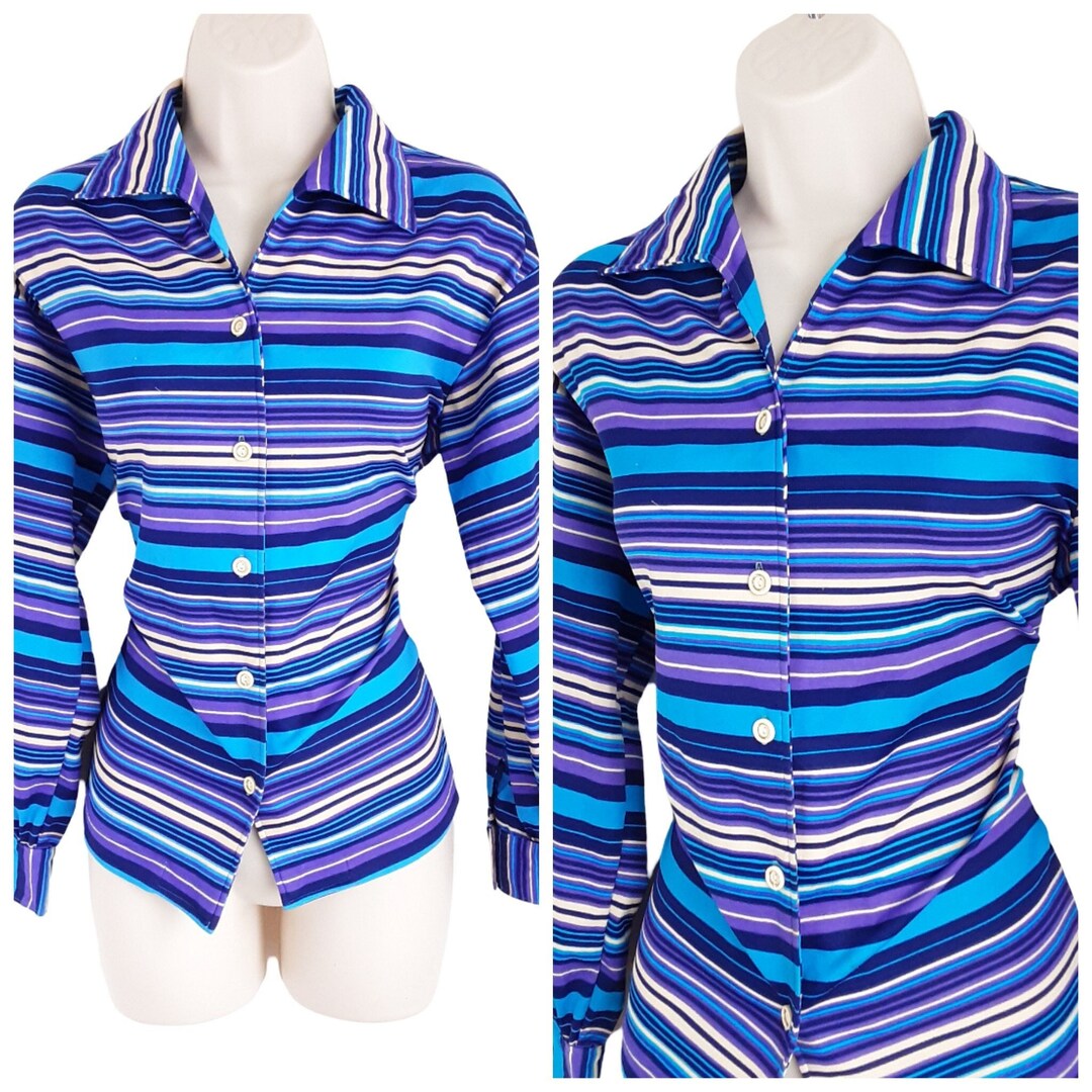 Vintage Striped Blue Purple Beige Fitted Shirt Women's Multicoloured ...