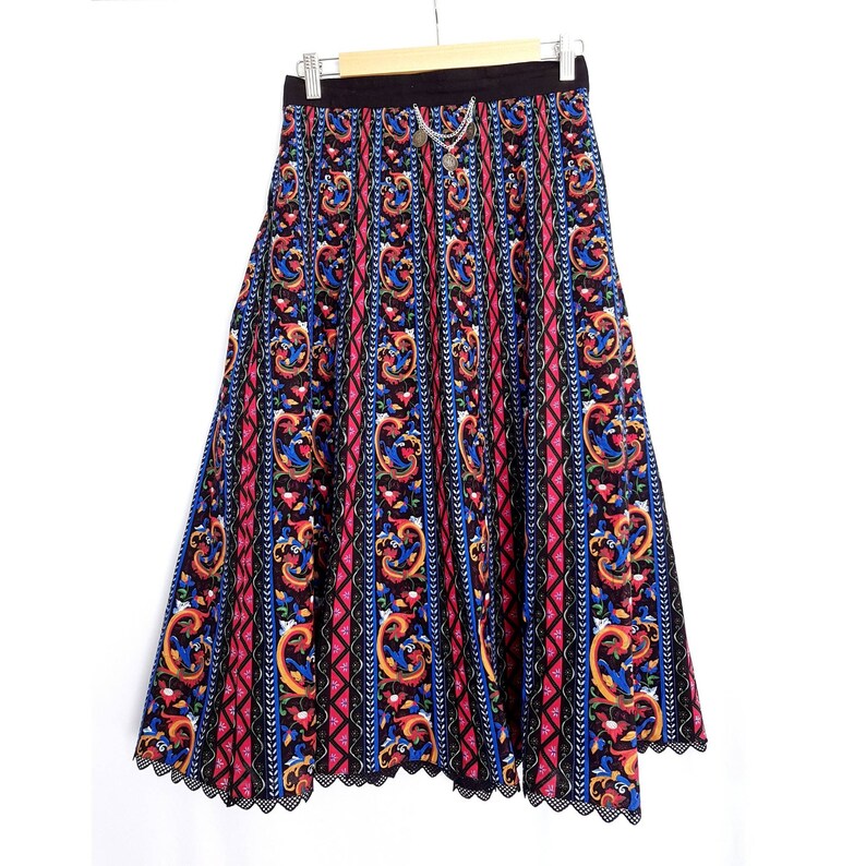 EU 38 UK 10 Vintage 1970s German Bavarian Black Tribal Patterned Silver Coins Charm Lace Trim Cotton Hippie Boho Gypsy Tracht A-line Skirt