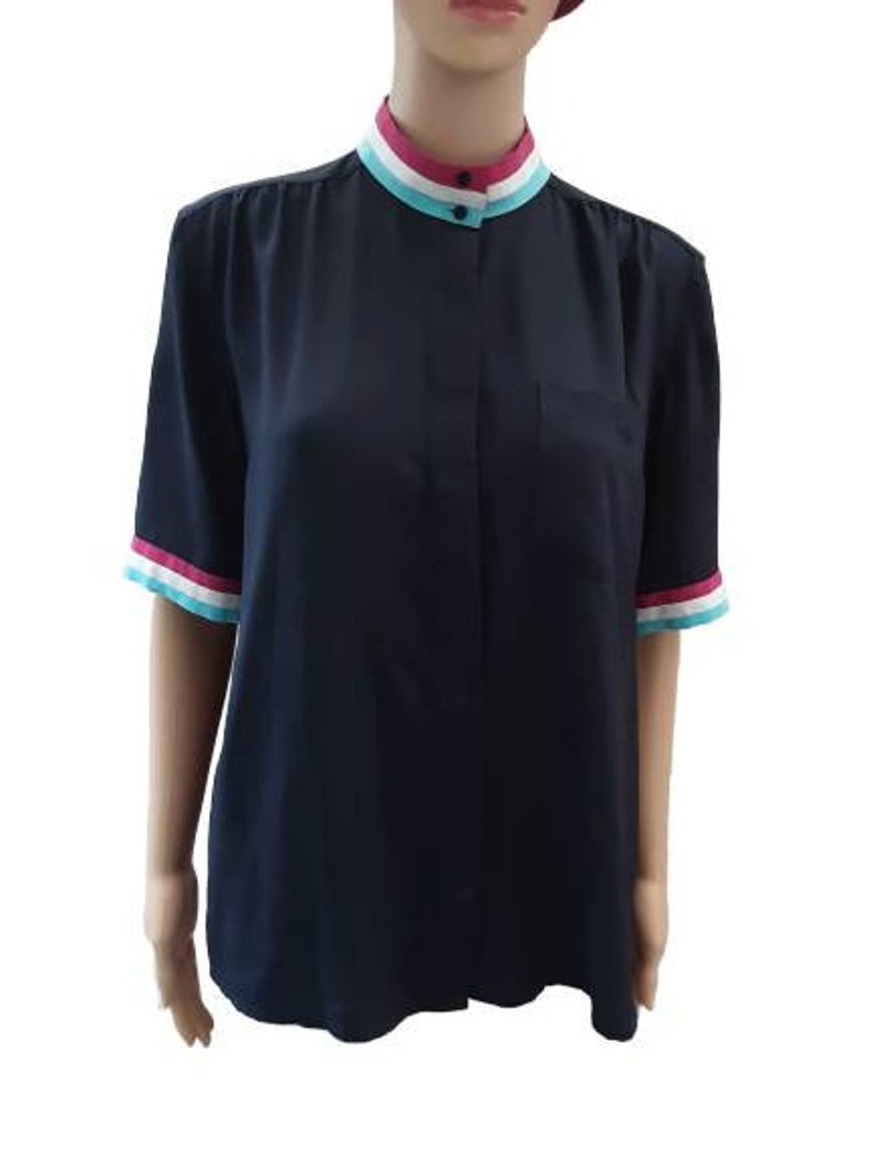 Multicolored Short Sleeve UK 14 Vintage Mario Rosella Navy Blue Hidden Button Front Blouse