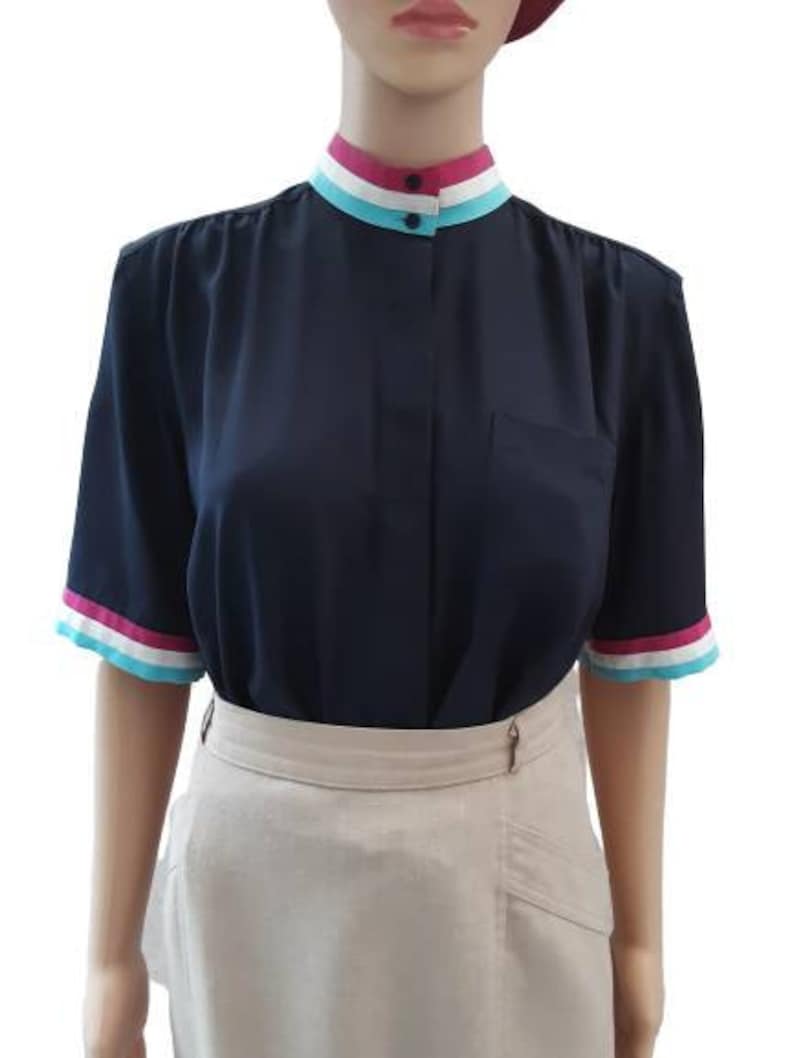 Multicolored Short Sleeve UK 14 Vintage Mario Rosella Navy Blue Hidden Button Front Blouse