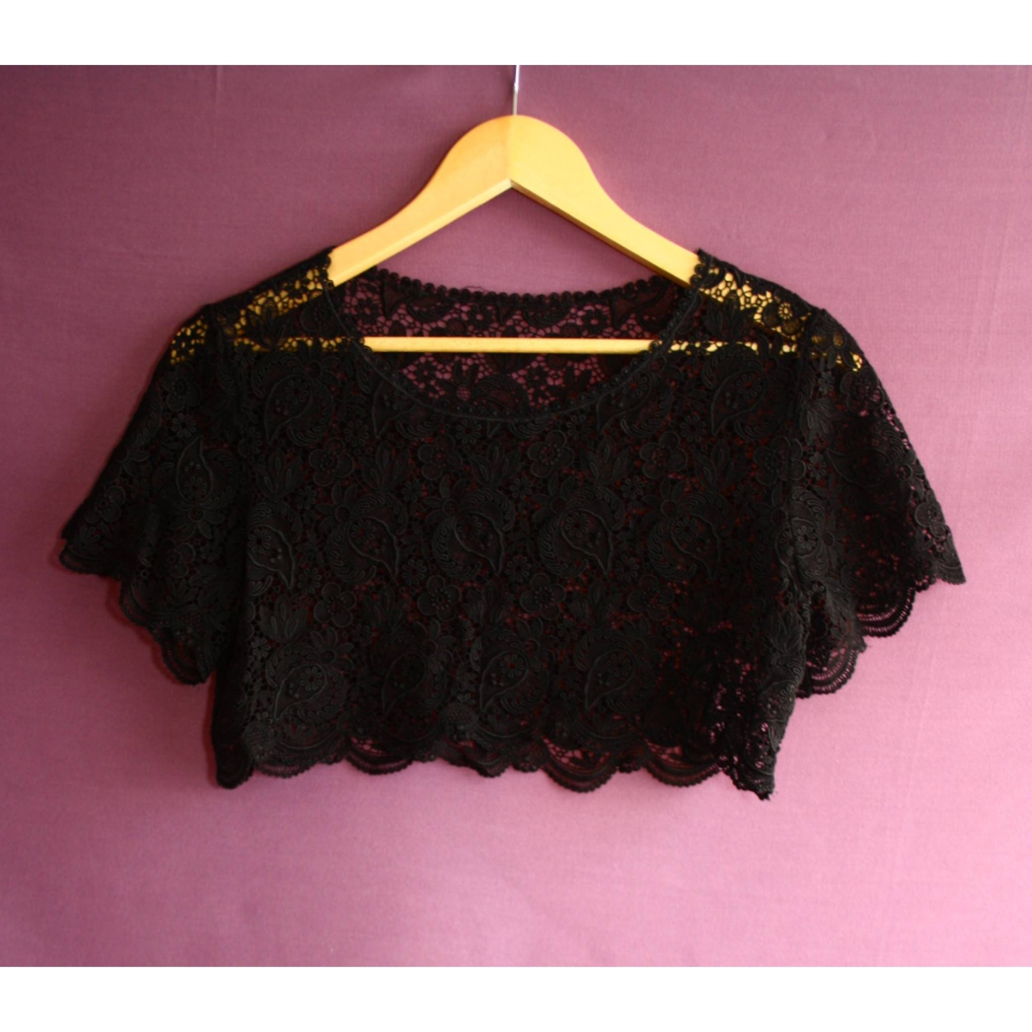 Image of Vintage Cropped Black Floral Lace Short Sleeve Top, Uk , Size Small