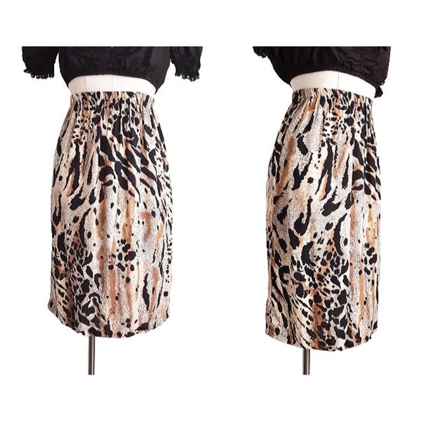 Brown Animal Print Pencil Skirt Vintage Women's High Rise Leopard Patterned Midi Skirt, Back Split, Elasticated Waist, UK 6, Size XXS
