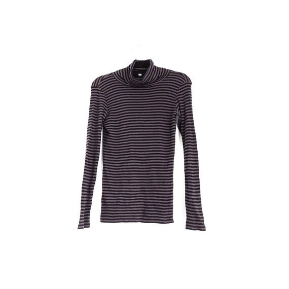 EmilyRosaVintage Vintage Grey and Black Striped Roll Neck Top Uniqlo Multicoloured Patterned Turtleneck Top Cotton Long Sleeve Pullover Sweater, Size Medium