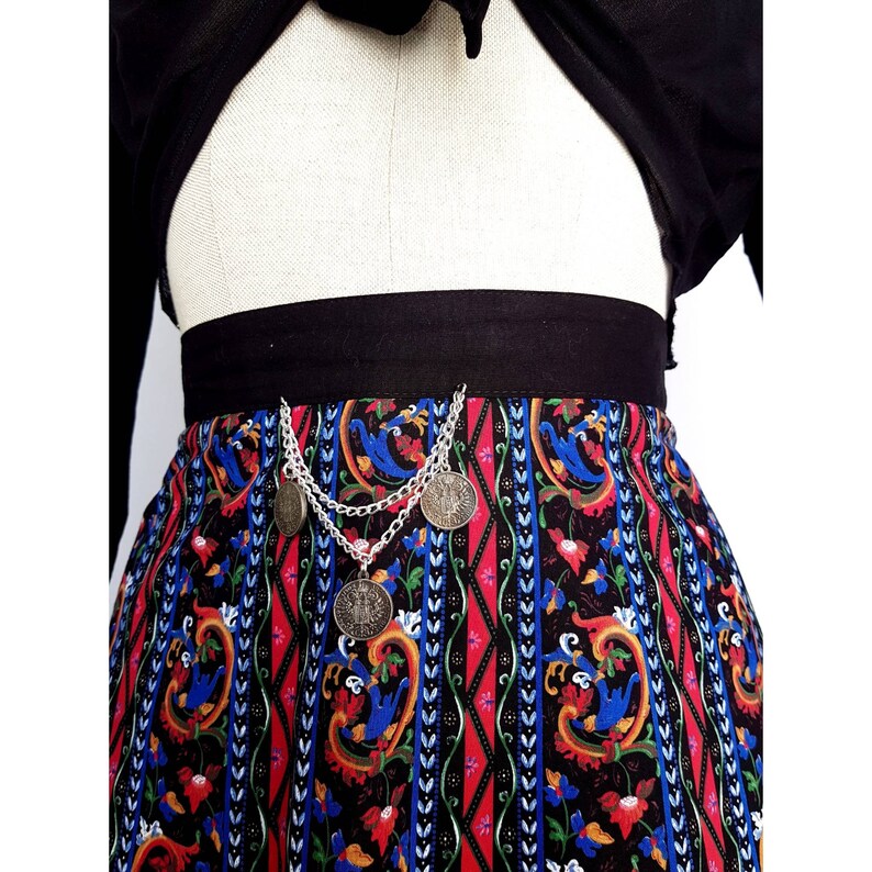 EU 38 UK 10 Vintage 1970s German Bavarian Black Tribal Patterned Silver Coins Charm Lace Trim Cotton Hippie Boho Gypsy Tracht A-line Skirt
