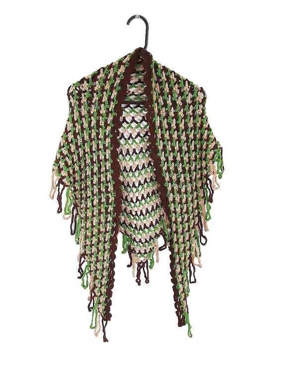 Green Brown Beige Crochet Lace Knitted Shawl Hand… - image 1