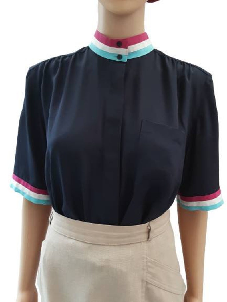 Multicolored Short Sleeve UK 14 Vintage Mario Rosella Navy Blue Hidden Button Front Blouse