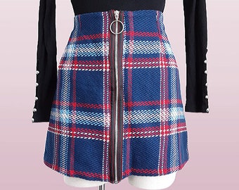 Blue Plaid Silver Metal O-ring Zip Up Mini Skirt Y2K Vintage Women's High Rise Tartan Patterned Skirt, UK 10, Small