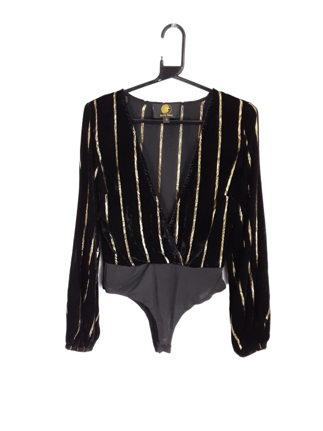 Dazzling Golden Star Embellished Plunge Neck Velvet Bodysuit