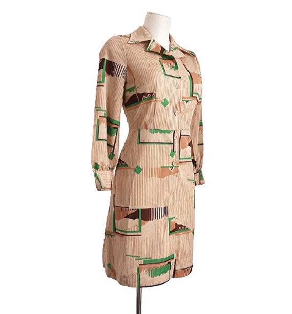 Japanese Brown Geometric Patterned Shirt Dress Vi… - image 8