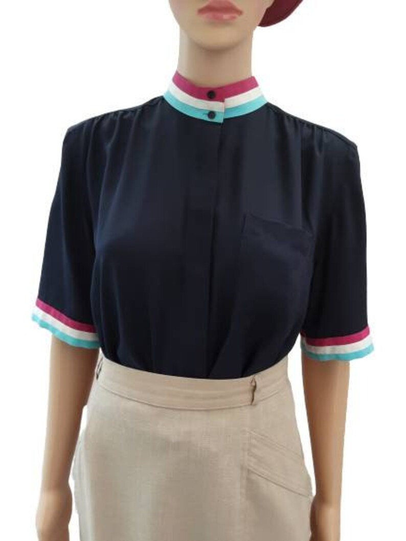 Multicolored Short Sleeve UK 14 Vintage Mario Rosella Navy Blue Hidden Button Front Blouse