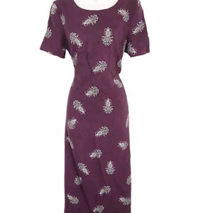 Vintage Laura Aubergine Purple Floral Print Keyhole Maxi Dress Women&#39;s Tie Belted Short Sleeve Dress, UK 10, US 6, Size Small