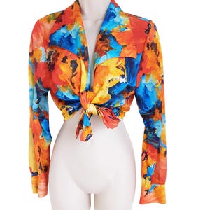 Vintage 90s Sheer Bold Colourful Orange Abstract Floral Art Patterned Tie Crop Blouse Women's Mesh Chiffon Long Sleeve Shirt, Size Small