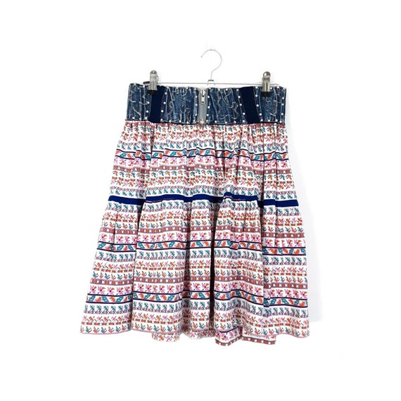 Fair Isle White Cotton Pleated Mini Skirt Vintage… - image 1
