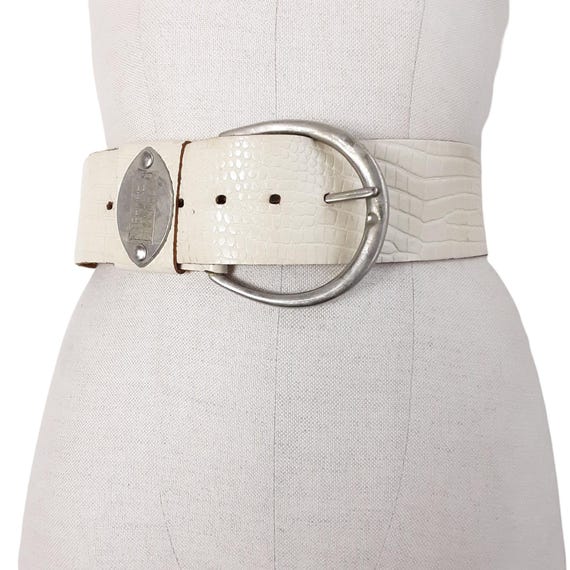 Vintage Cream Crocodile Leather Belt: Silver Buckle, Made in  display picture 3