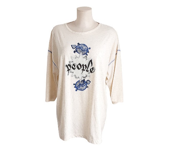 Cream Cotton Blue Turtle Print T-Shirt Vintage Wo… - image 8