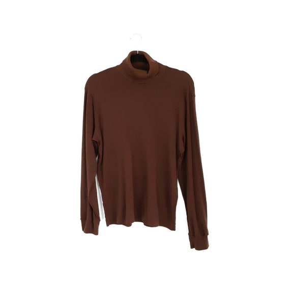 EmilyRosaVintage Vintage Chocolate Brown Roll Neck Sweater Knitted Plain Turtleneck Ribbed Neck Long Sleeve Pullover Stretch Top, Size XL, Plus Size