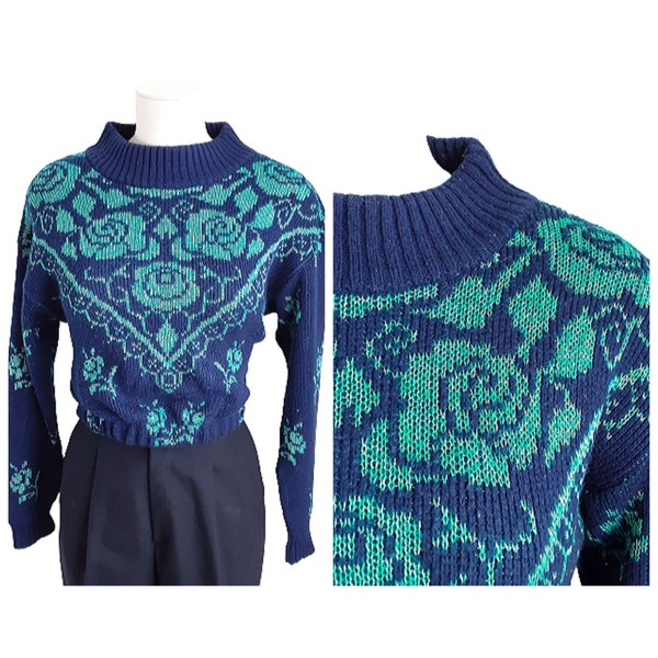Rose Patterned Crop Jumper Vintage Women's Navy Blue Green Floral Knitted Pullover Sweater, Long Sleeve, Knitwear, Size XS, Small, Medium
