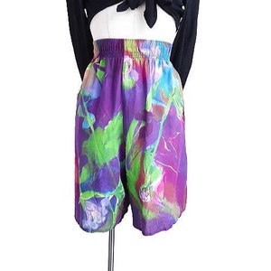 Vintage Purple Artistic Tie Dye Shorts Women's High Waisted Multicoloured Patterned Shorts, Cotton, Elasticated, 90s, Size Med-Large