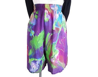 Purple Artistic Print Tie Dye Shorts Vintage Women's High Waisted Multicoloured Patterned Shorts, Cotton, Elasticated, 90s, Size Med-Large