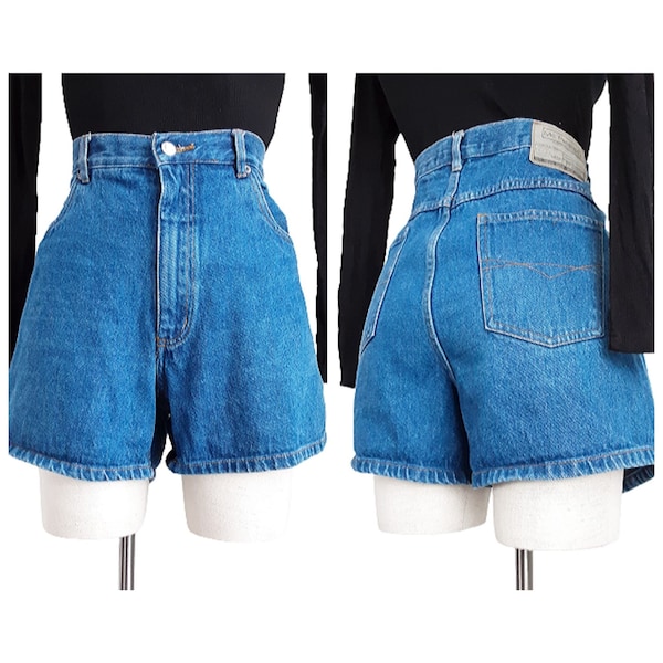 Mid Blue Denim Jean Shorts Vintage Women's High Rise Bottoms, tasche, passanti per cintura, cotone, estate, anni '90, UK 16, XL, Plus Size