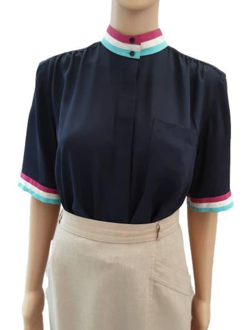 Multicolored Short Sleeve UK 14 Vintage Mario Rosella Navy Blue Hidden Button Front Blouse
