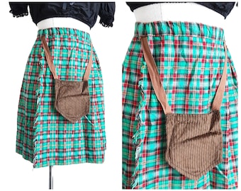 Green Tartan Kilt A-line Mini Skirt Vintage Women's Plaid Check Patterned Skirt, Pleated, Brown Pouch Pocket, Elasticated, Free Size