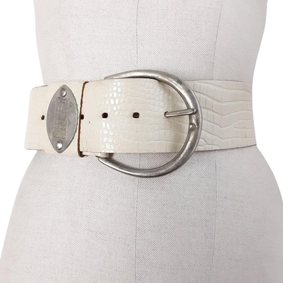 Vintage Cream Crocodile Leather Belt: Silver Buckle, Made in  display picture 2