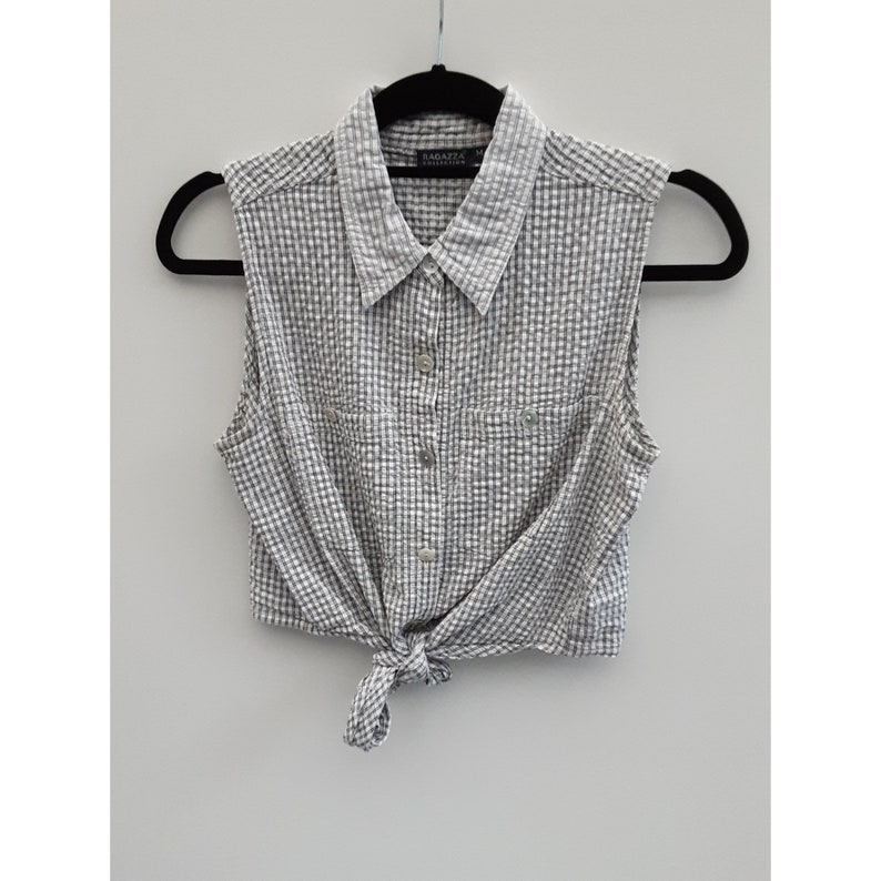 Size Medium Vintage Ragazza Collection Tie Crop Blouse White and Blue Check Print Button Up Sleeveless Cotton Summer Top