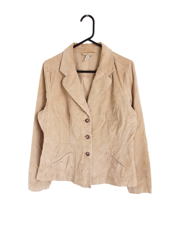Vintage Beige Corduroy Blazer: 90s Cotton Button-front Jacket