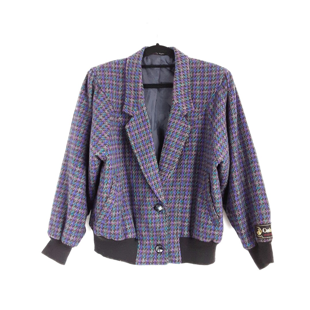 Purple Houndstooth Tweed Wool Bomber Jacket Vintage Women's Dogtooth