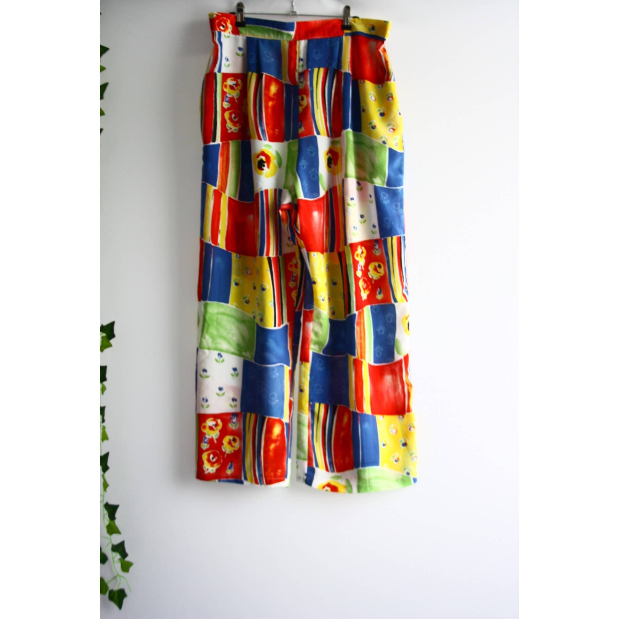 Image of Vintage C&a Canda High Rise Colourful Abstract Floral Hippie Boho Elasticated Wide Leg Palazzo Trousers, Uk , Plus Size, Baggy Fit