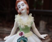 1950s Vintage Dresden Porcelain Victorian lady doll figurine lace green dress Germany, Collectible Victorian Fine doll lady china